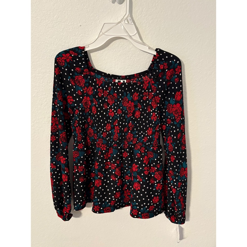 Self Esteem Girls Large Black Red Floral Smocked Peplum Top Long Sleeve